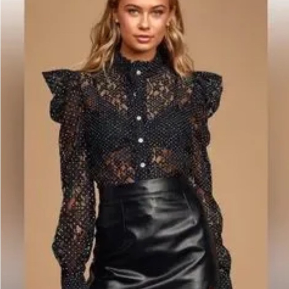 Lulu's Black and White Puff Sleeve Blouse with Mandarin Collar